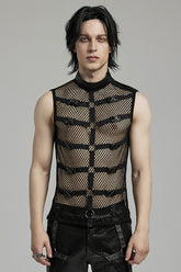 Black Stand Collar Sleeveless Straps Mesh Buckle Men's Punk Vest